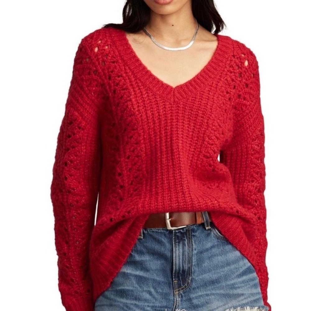 Lucky Brand Red Pointelle Cable Knit V-Neck Wool Blend Sweater Small